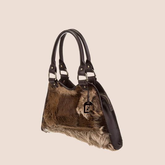 FENDI 2003 BROWN FUR DEVIL TRAPEZIO TOTE BAG