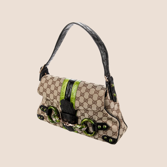 GUCCI BEIGE GG MONOGRAM CROCODILE TRIMMED BAG