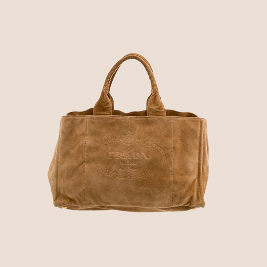 PRADA BROWN SCAMOSCIATO SUEDE EMBOSSSED LOGO TOTE