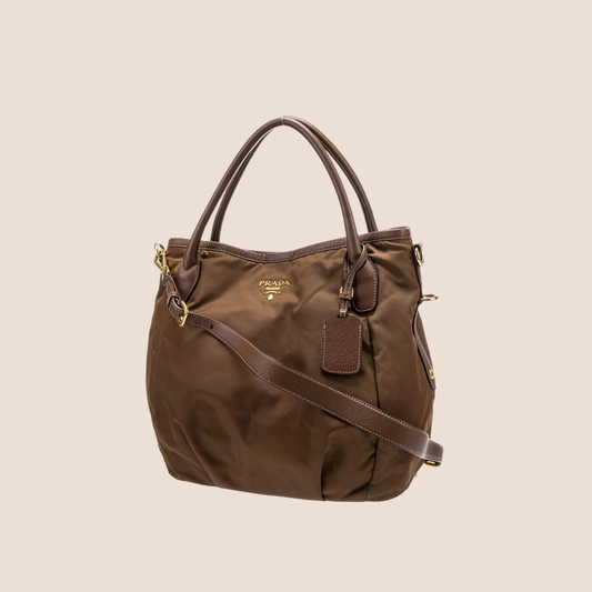 PRADA BROWN NAPPA TRIMMED TESSUTO TOTE BAG