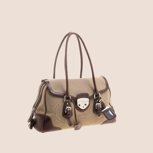 PRADA BROWN CANVAS & LEATHER PUSH LOCK SATCHEL