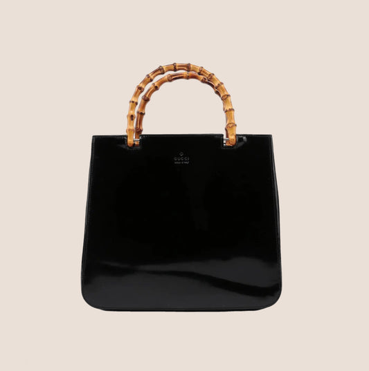 GUCCI BLACK PATENT LEATHER LOGO BAMBOO TOTE BAG