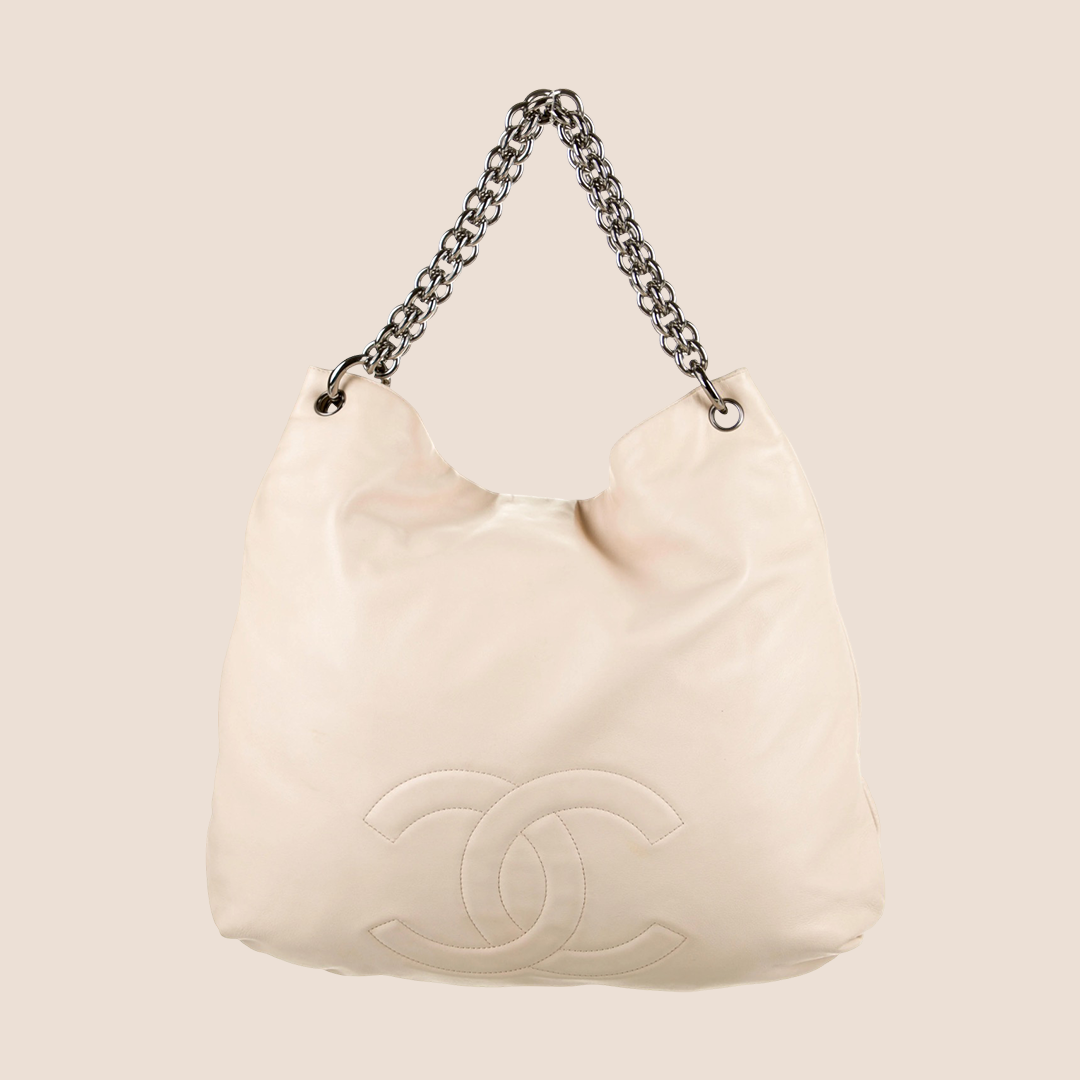 CHANEL CREAM LAMBSKIN CC LARGE HOBO BAG