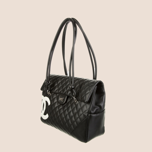 CHANEL CC BLACK & WHITE LOGO CAMBON FLAP TOTE BAG
