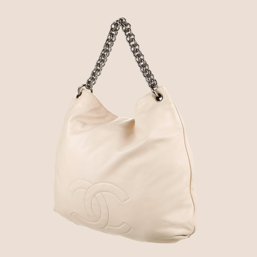 CHANEL CREAM LAMBSKIN CC LARGE HOBO BAG