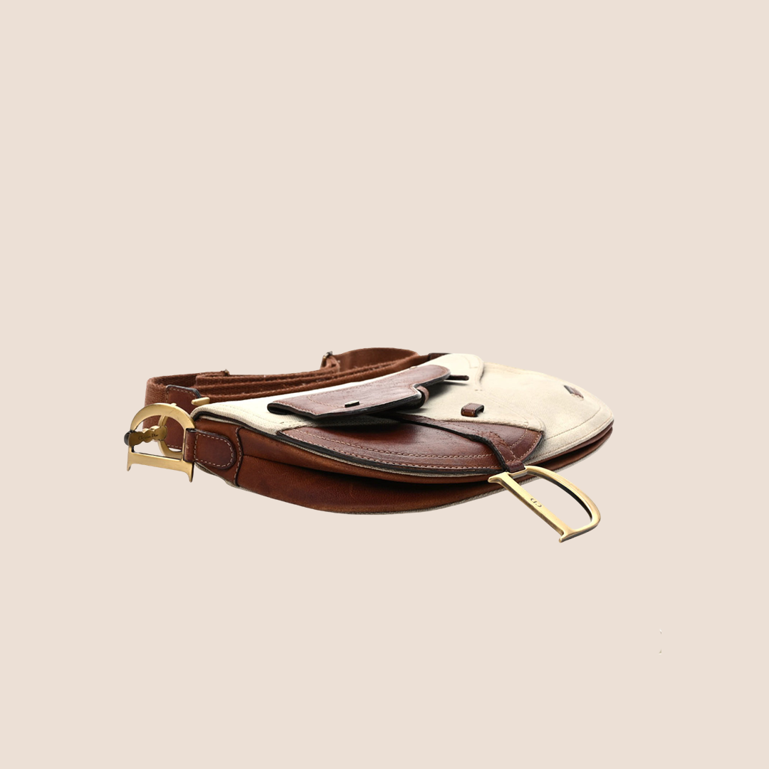 CHRISTIAN DIOR BROWN & BEIGE CANVAS DOUBLE SADDLE BAG