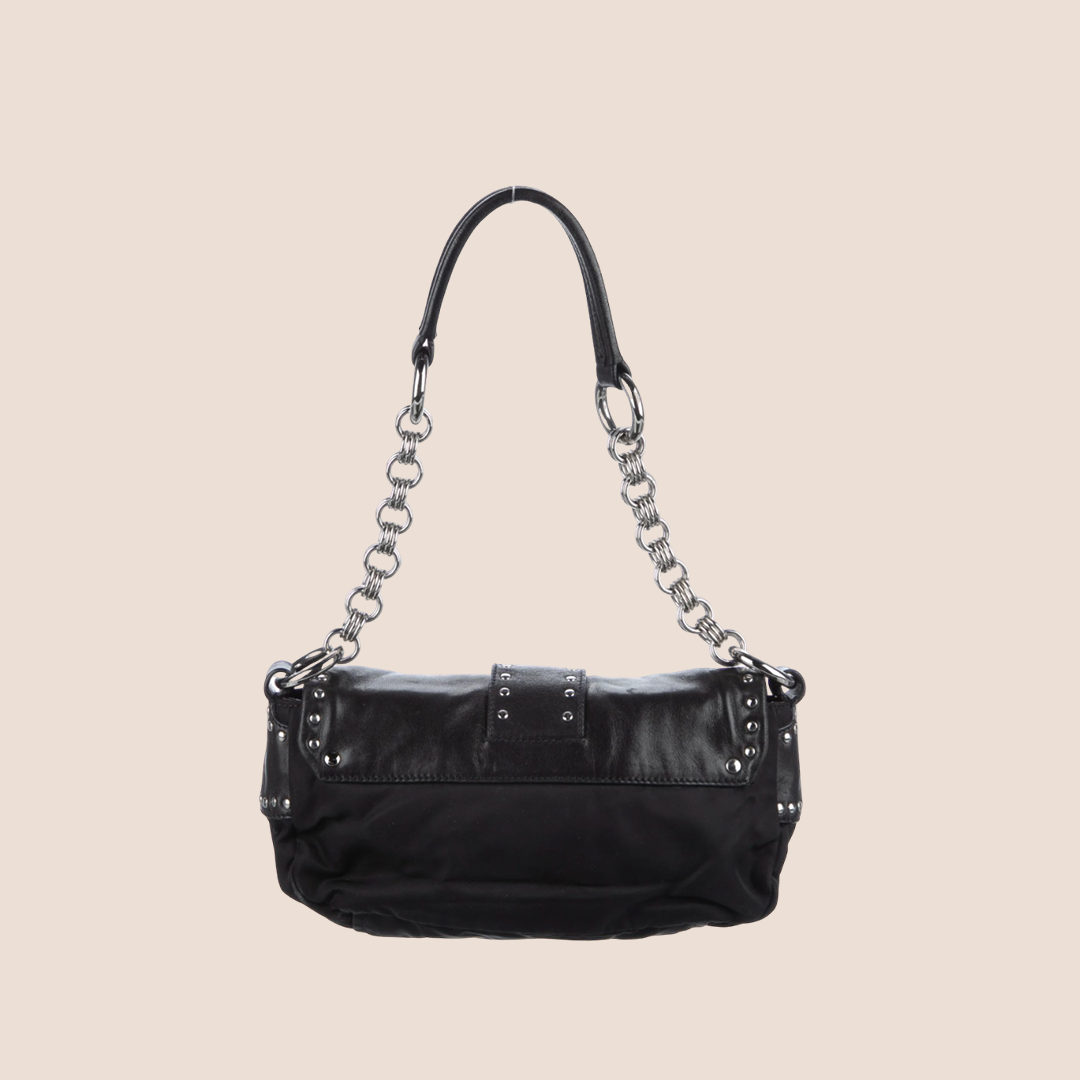 PRADA 2000 BLACK STUDDED NAPPA BUCKLE SHOULDER BAG