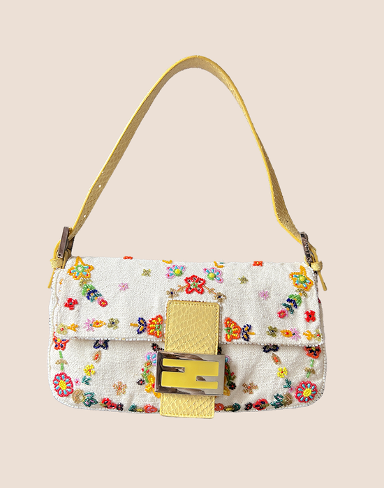 FENDI CREAM FLORAL BEADED BAGUETTE  BAG