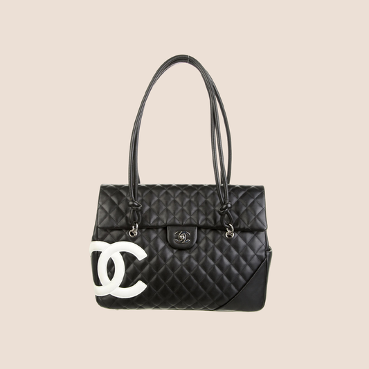 CHANEL CC BLACK & WHITE LOGO CAMBON FLAP TOTE BAG