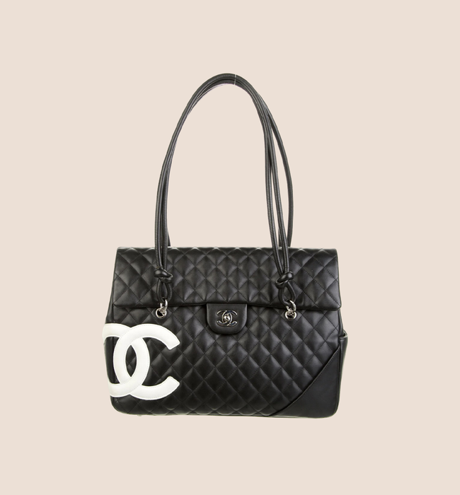 CHANEL CC BLACK & WHITE LOGO CAMBON FLAP TOTE BAG