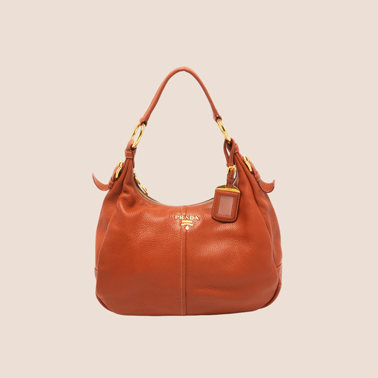 PRADA BROWN VITELLO DAINO LEATHER ZIP HOBO BAG
