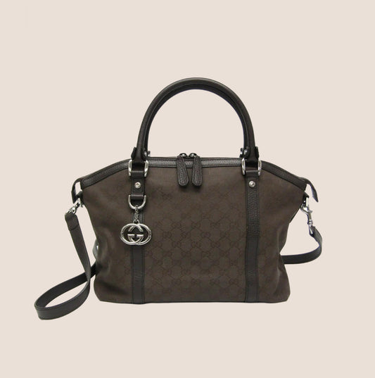 GUCCI BROWN GG CANVAS GG CHARM DOME SATCHEL