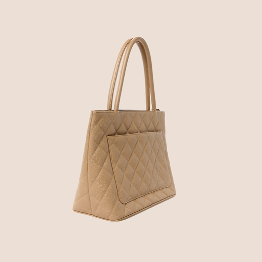 CHANEL BEIGE CAVIAR QUILTED MEDALLION TOTE BAG