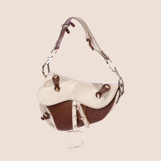 CHRISTIAN DIOR 2003 BROWN & GOLD JACQUARD SADDLE BAG