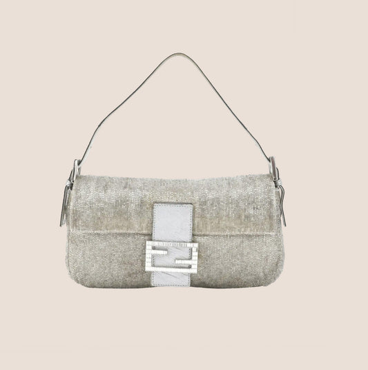 FENDI SILVER BEADED CRYSTAL BAGUETTE BAG