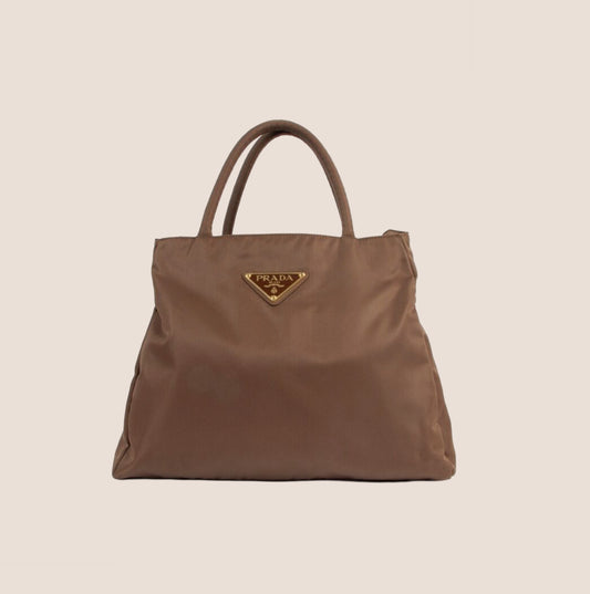 PRADA CORINTO BROWN LOGO NYLON HANDBAG