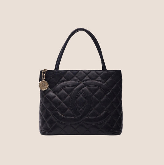 CHANEL CC BLACK CAVIAR MEDALLION TOTE BAG