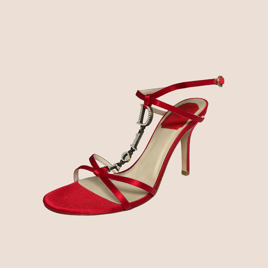 CHRISTIAN DIOR RED SATIN PEARL CHAIN STRAP SANDALS