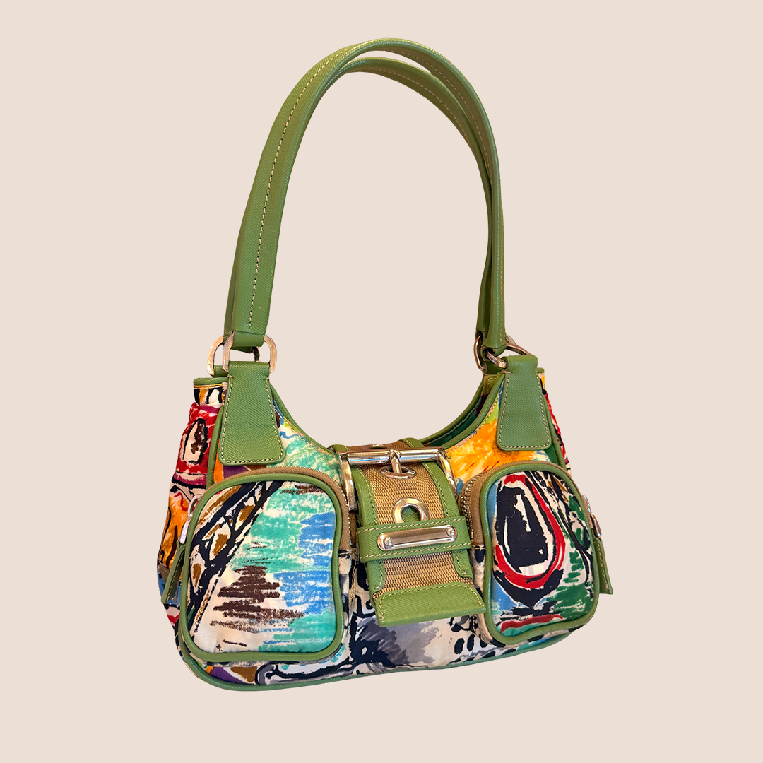 PRADA GREEN CANAPA STAMPATA VENICE MINI BUCKLE BAG