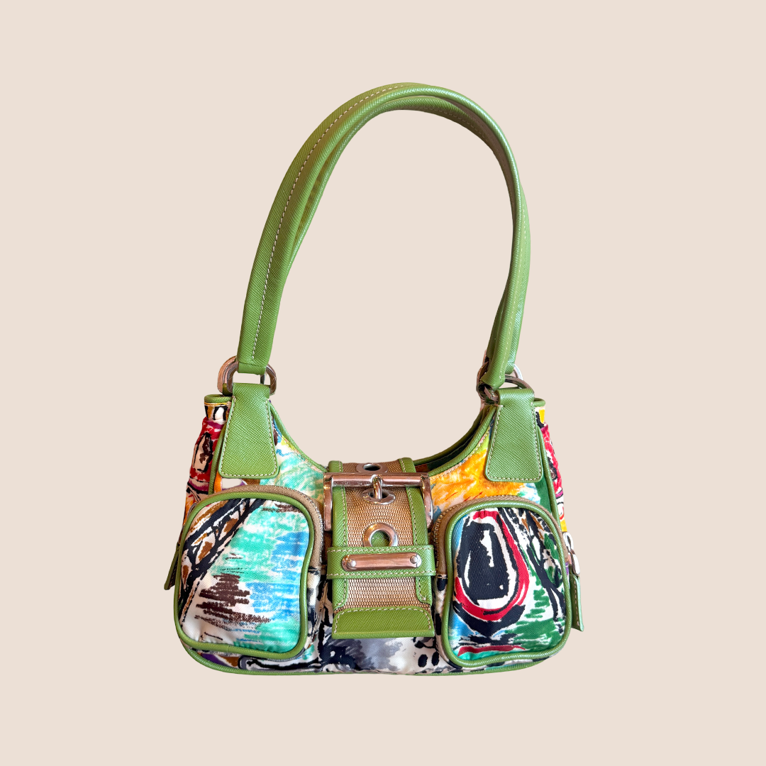 PRADA GREEN CANAPA STAMPATA VENICE MINI BUCKLE BAG
