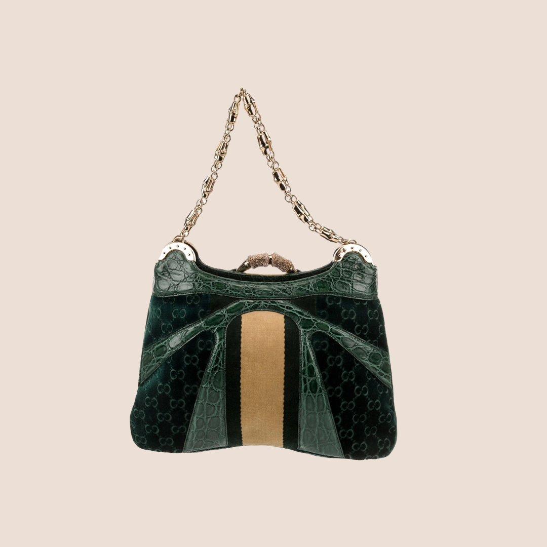 GUCCI GREEN ALLIGATOR VELVET BAMBOO CHAIN BAG