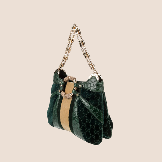 GUCCI GREEN ALLIGATOR VELVET BAMBOO CHAIN BAG