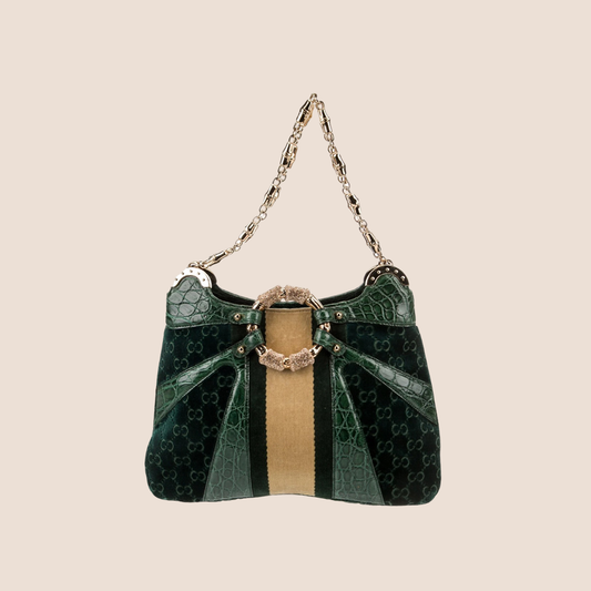 GUCCI GREEN ALLIGATOR VELVET BAMBOO CHAIN BAG