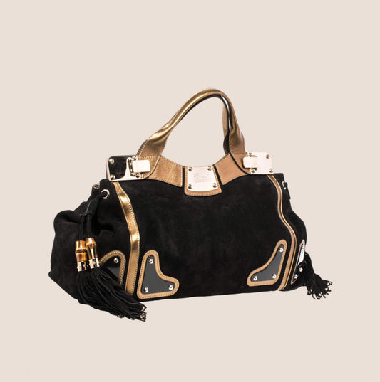 GUCCI BLACK & GOLD SUEDE RACE TASSEL TOP HANDLE BAG
