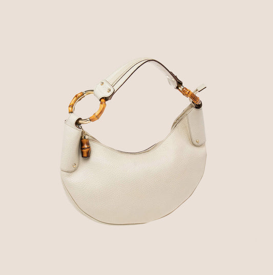 GUCCI WHITE LEATHER HALF MOON BAMBOO RING HOBO BAG