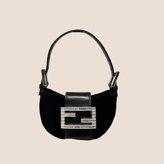 FENDI 2000 CRYSTAL BLACK VELVET MINI CROISSANT BAG