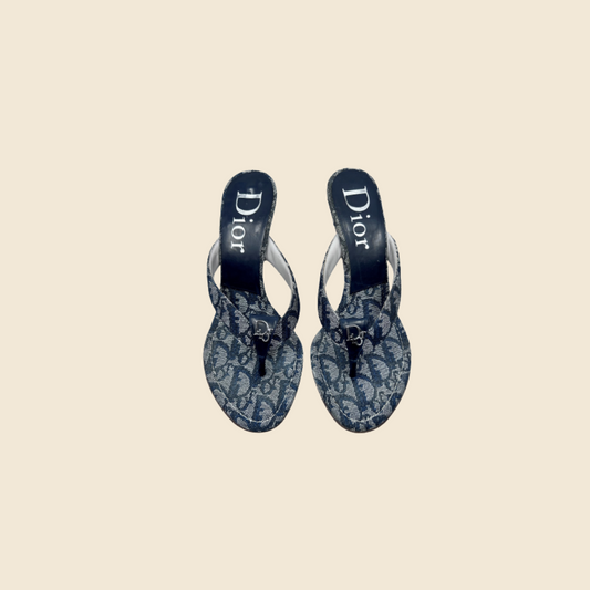 CHRISTIAN DIOR NAVY OBLIQUE LOGO THONG SANDALS