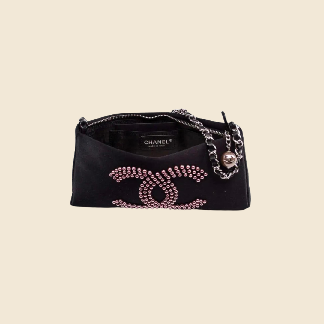 CHANEL 2004 BLACK SATIN BEADED CC LOGO MINI SHOULDER BAG – RDB