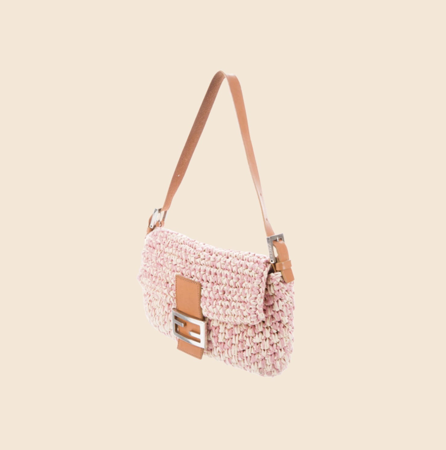 FENDI 2000s PINK & CARAMEL RAFFIA KNIT BAGUETTE BAG