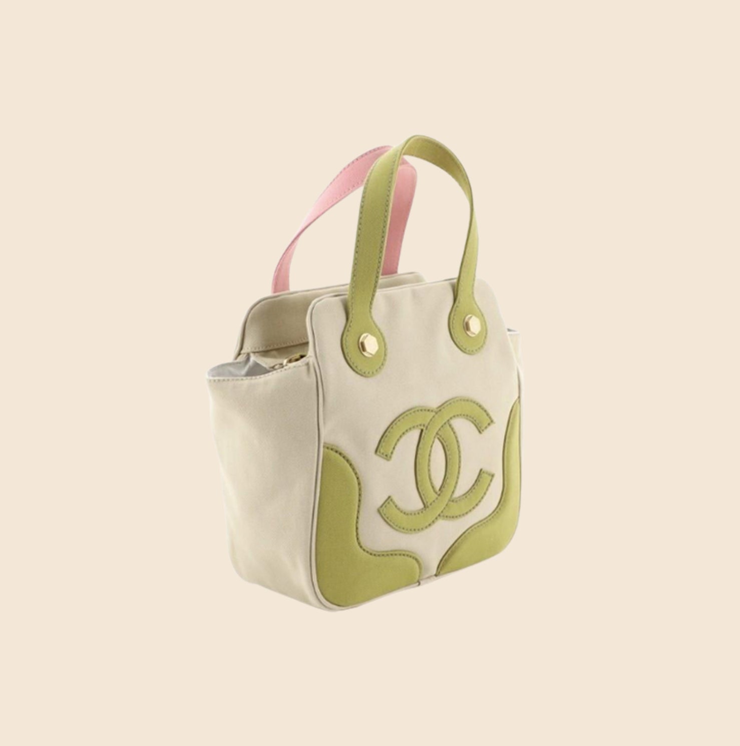 CHANEL MARSHMALLOW BEIGE CANVAS GREEN AND PINK CC TOTE BAG