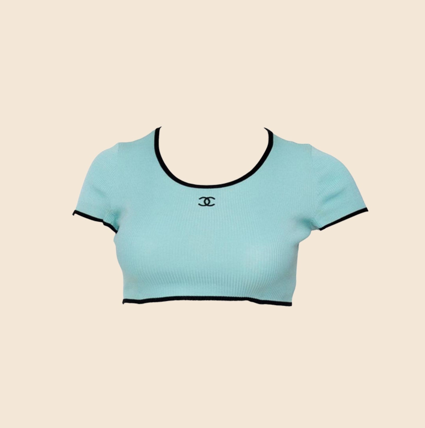 CHANEL 1990s TURQUOISE CC LOGO CROP TOP
