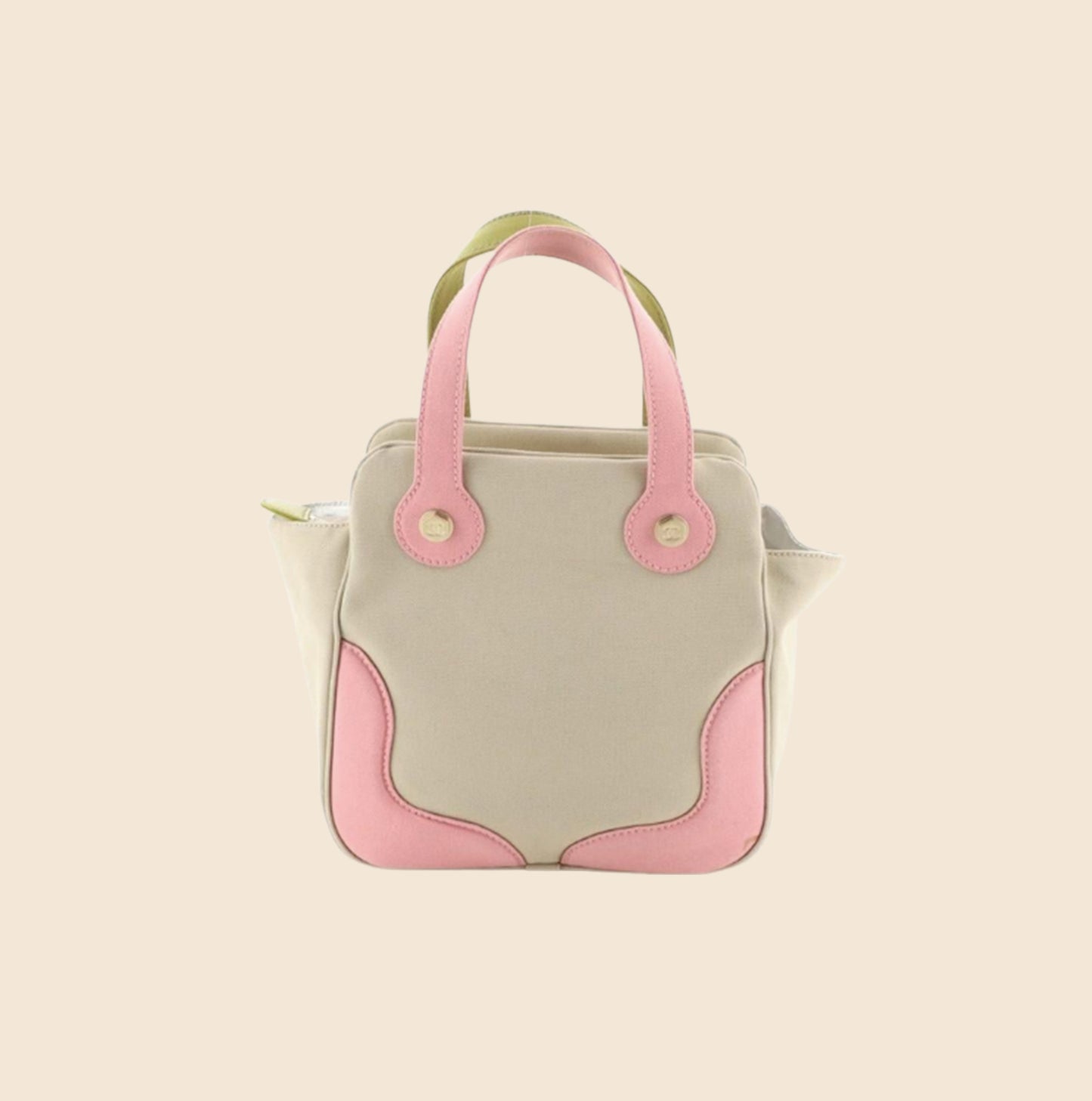 CHANEL MARSHMALLOW BEIGE CANVAS GREEN AND PINK CC TOTE BAG