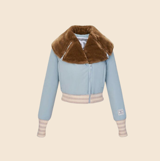 CHANEL FALL 2001 RUNWAY CC LOGO FUR DETAIL CROPPED BOMBER JACKET