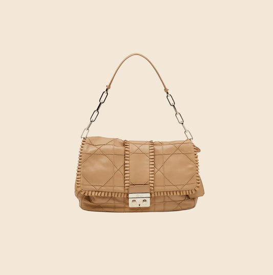 CHRISTIAN DIOR TAN QUILTED RUFFLE LEATHER NEW LOCK FLAP BAG