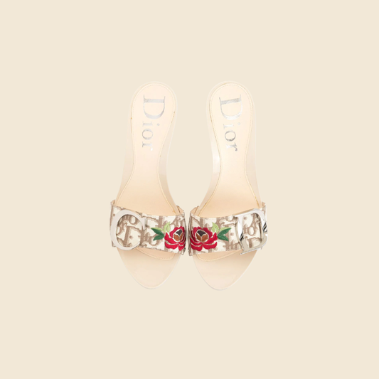CHRISTIAN DIOR 2000s CREAM TROTTER EMBROIDERED FLOWERS MULES