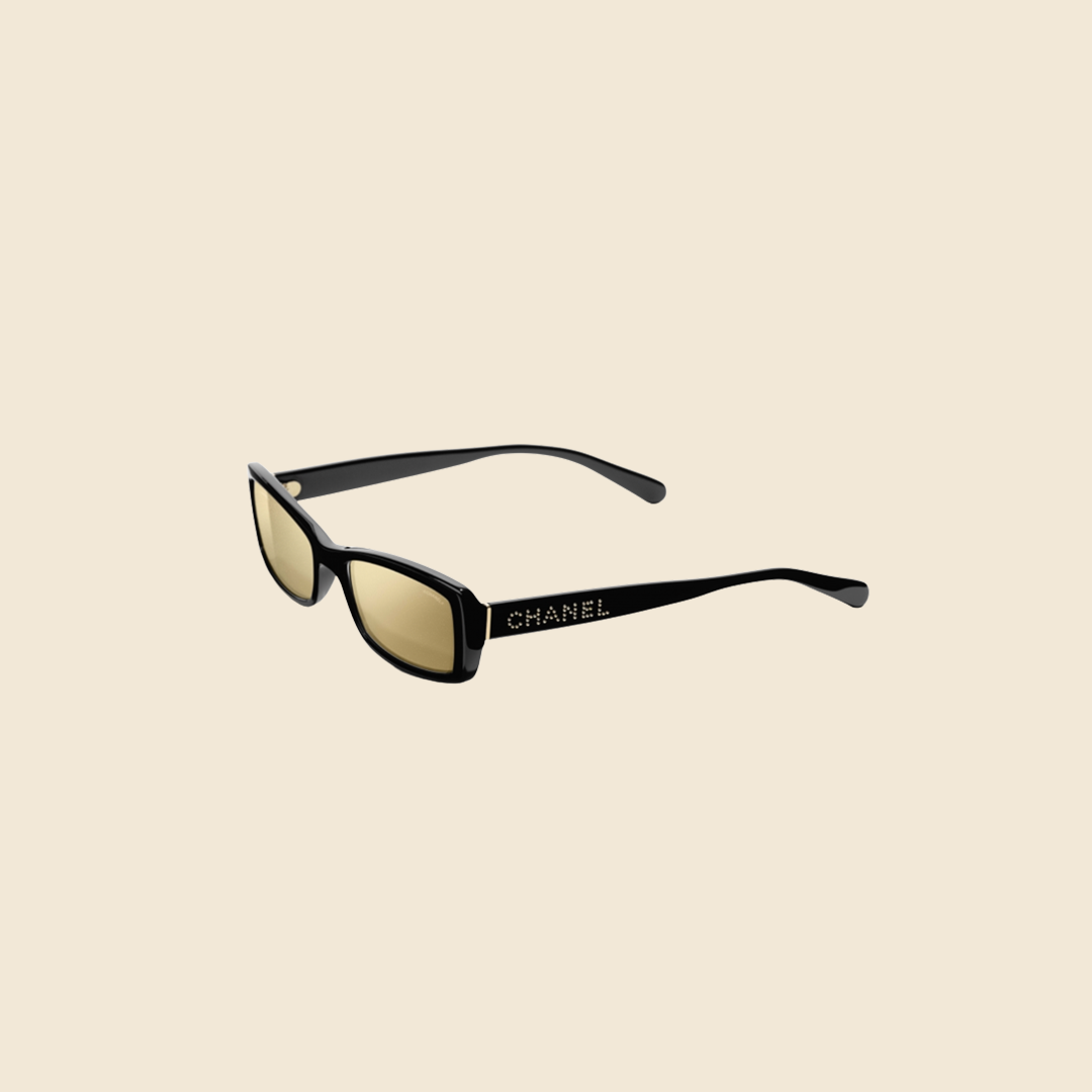 CHANEL BLACK GOLD MIRRORED LOGO SUNGLASSES