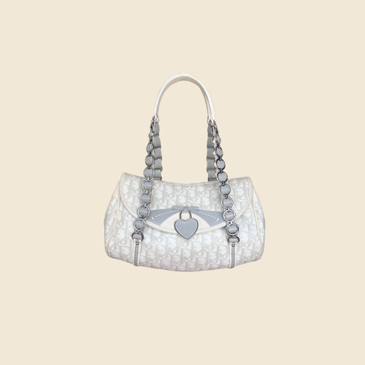 CHRISTIAN DIOR 2007 GREY & WHITE TROTTER ROMANTIQUE FLAP BAG