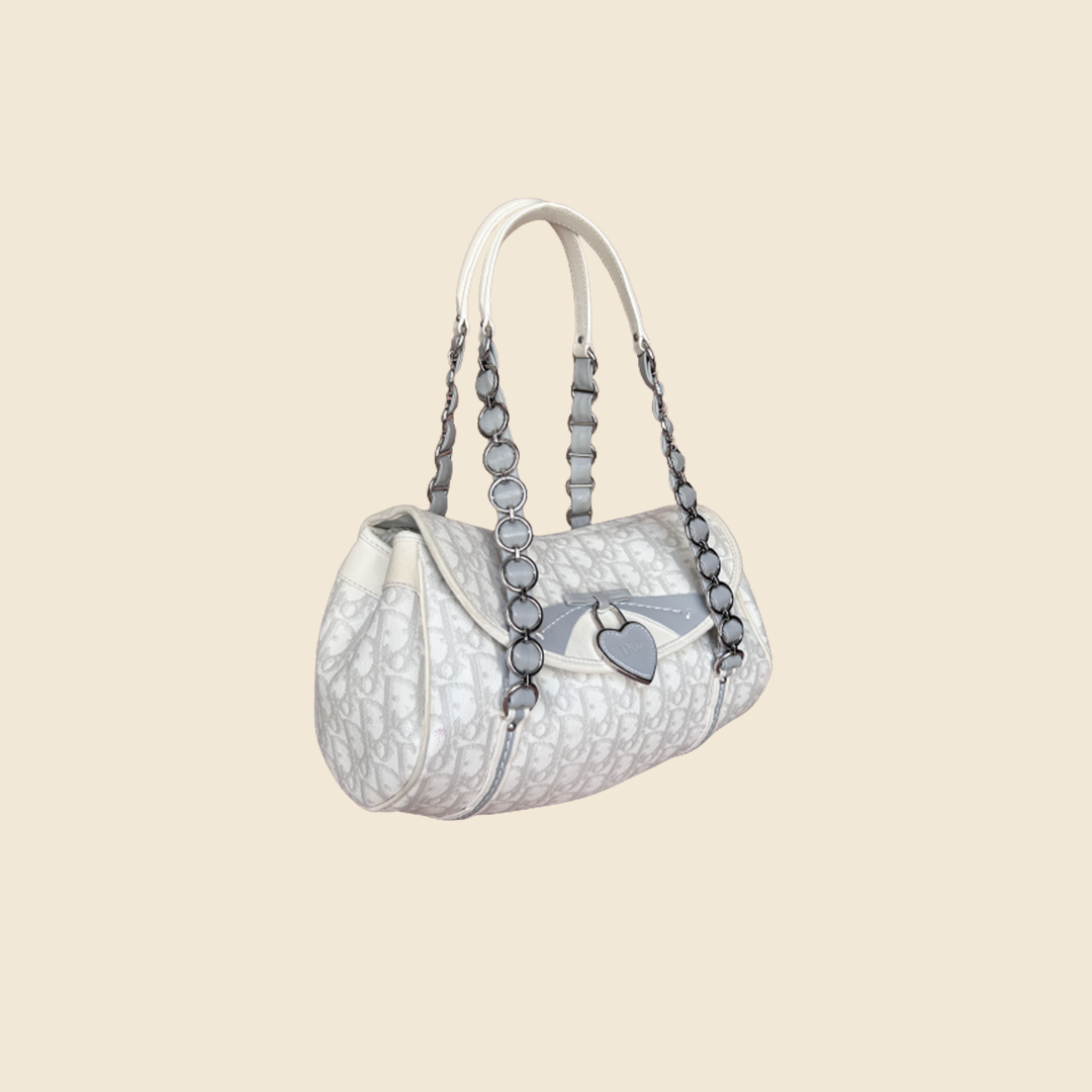 CHRISTIAN DIOR 2007 GREY & WHITE TROTTER ROMANTIQUE FLAP BAG