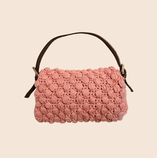 FENDI LIGHT PINK POPCORN CROCHET BAGUETTE BAG