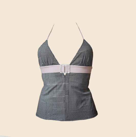 CHRISTIAN DIOR BELTED CHECK PATTERN HALTER NECK TOP