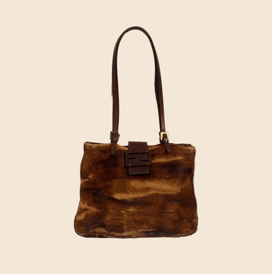 FENDI BROWN ANIMAL PRINT PONY HAIR TOTE