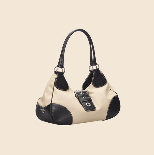 Prada Italy. Vintage Logo Beige Leather Chain Tote Shoulderbag/Handbag |  PILGRIM NEW YORK