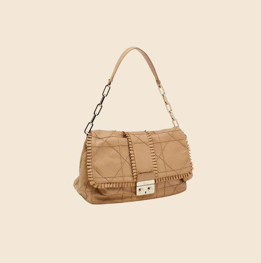 CHRISTIAN DIOR TAN QUILTED RUFFLE LEATHER NEW LOCK FLAP BAG