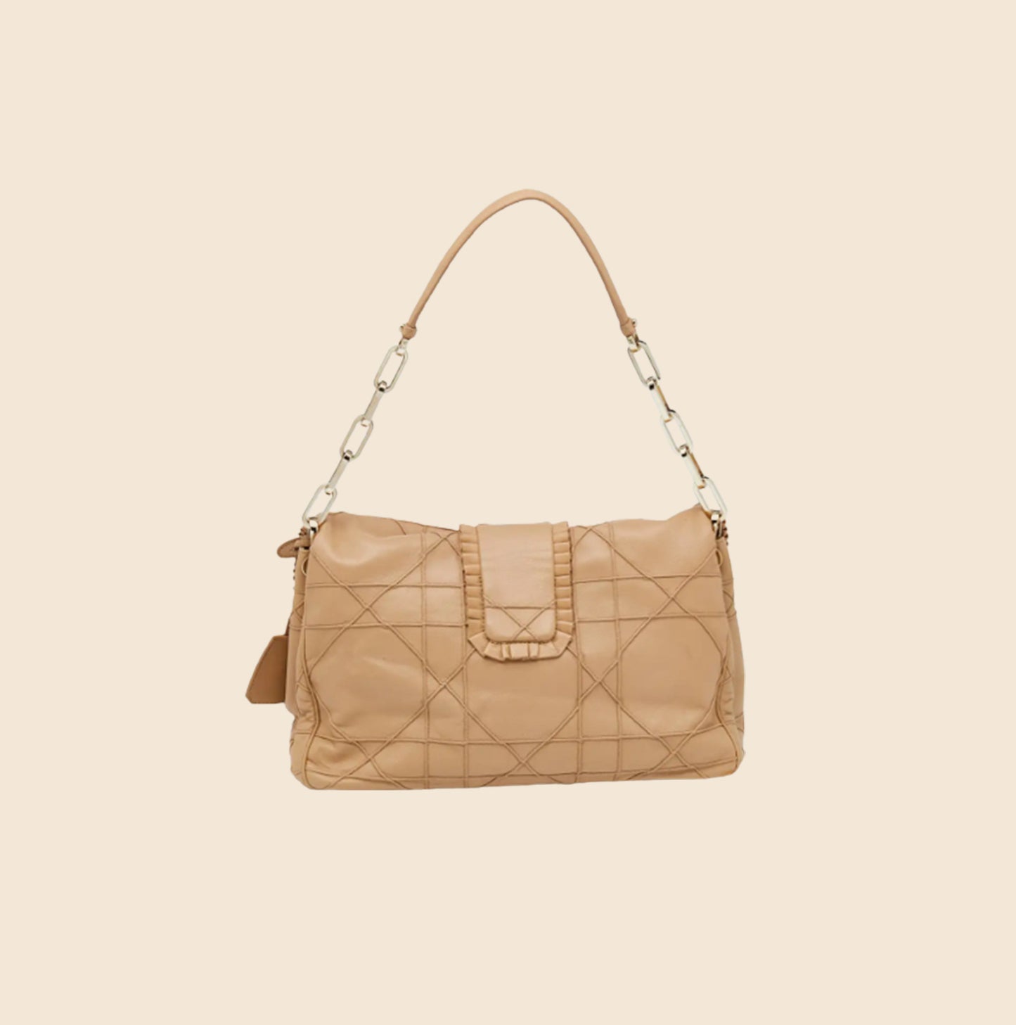 CHRISTIAN DIOR TAN QUILTED RUFFLE LEATHER NEW LOCK FLAP BAG