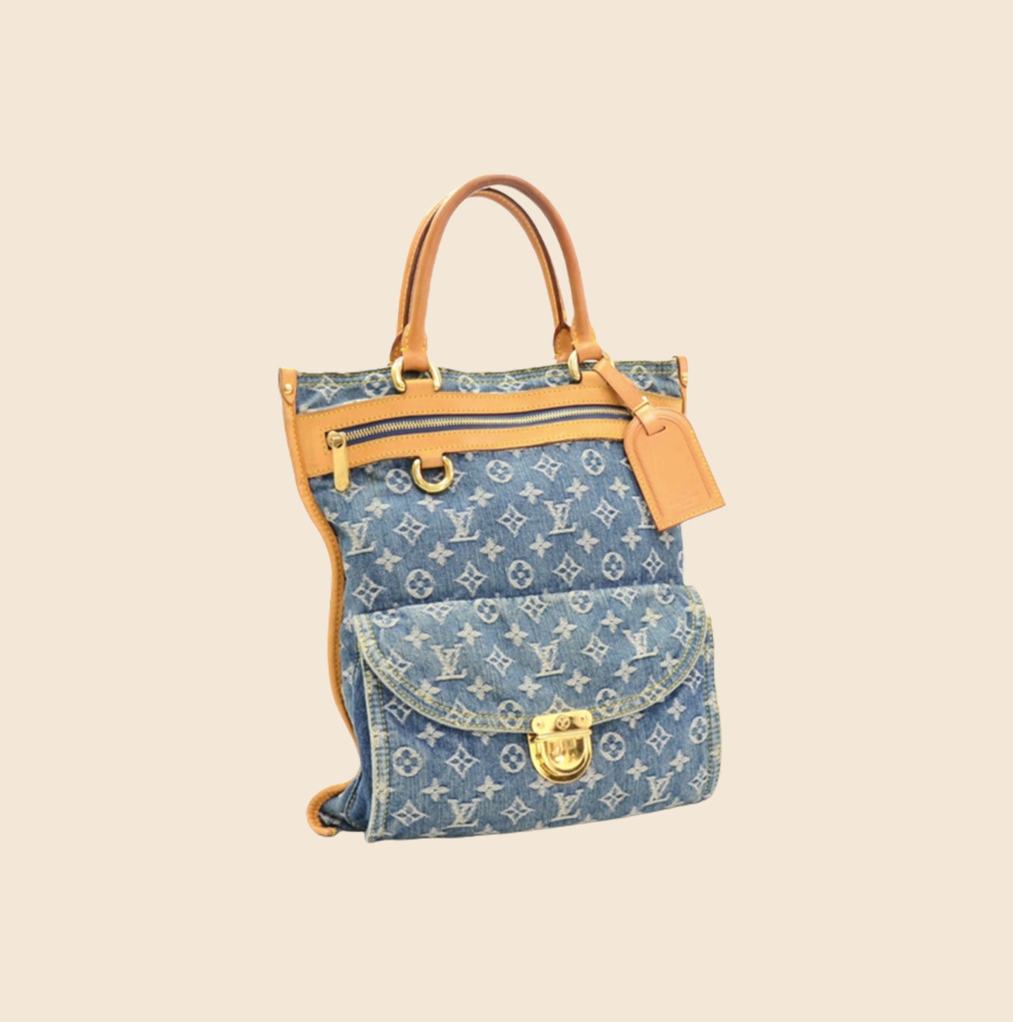 Louis Vuitton Flat Shopper Blue Monogram Denim Tote Hand Bag