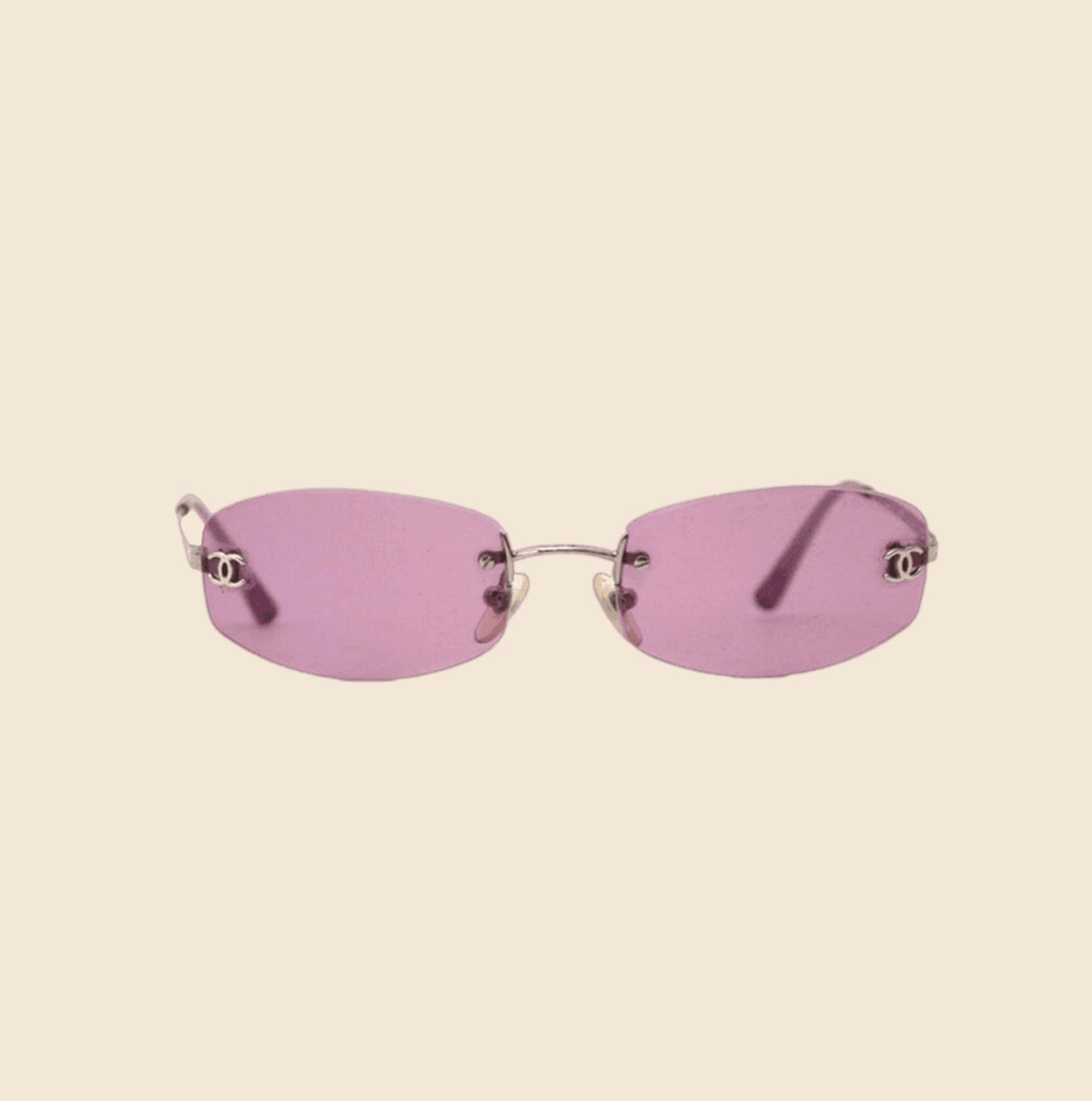 CHANEL 90s SILVER TONE PINK TRANSPARENT RIMLESS SUNGLASSES